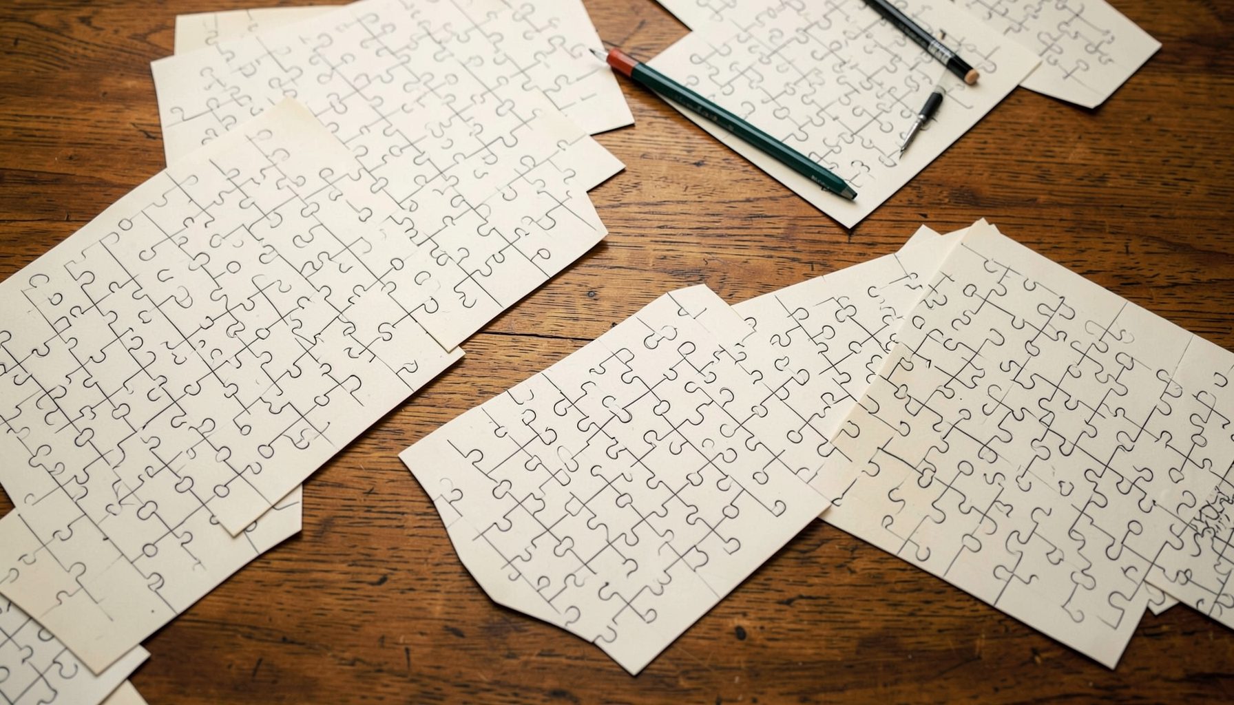 Puzzle sheets scattered across a warm wooden tabletop with a mechanical pencil, evoking focused problem-solving in soft brown tones