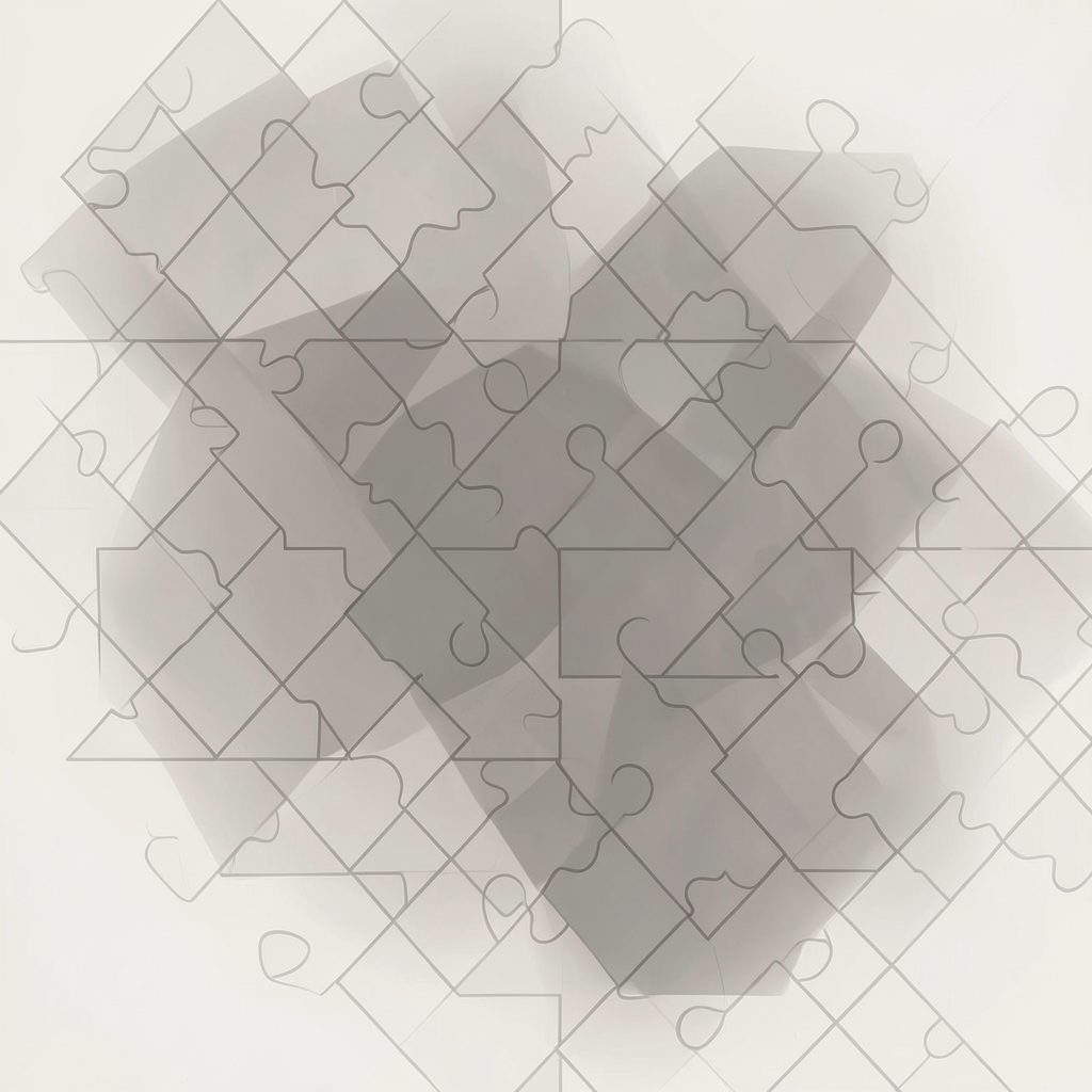 Abstract layered puzzle-piece pattern in grayscale, conveying a minimalist geometric and contemplative mood